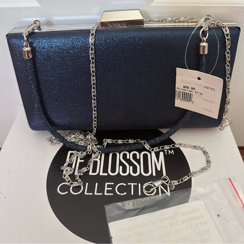 NWT Lady Couture Navy Blue Rhinestones Metalic Belt Weddings Clutch Evening Bag